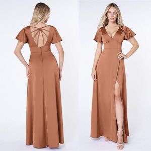 AZAZIE LANI Satin A-Line Flounce Sleeve Stretch Satin Floor-Length Dress Bronzer